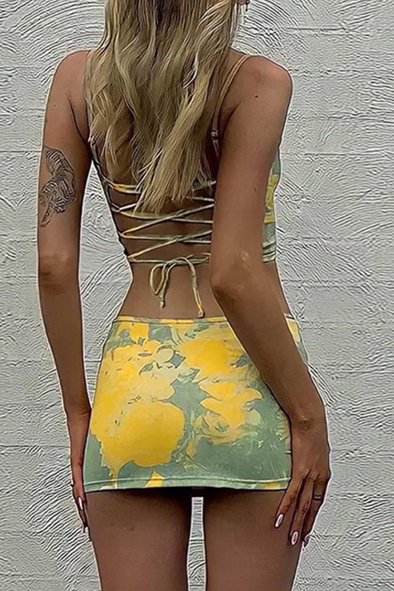 Yellow Square Neck Printed Corset Crop Top Skirt Suits