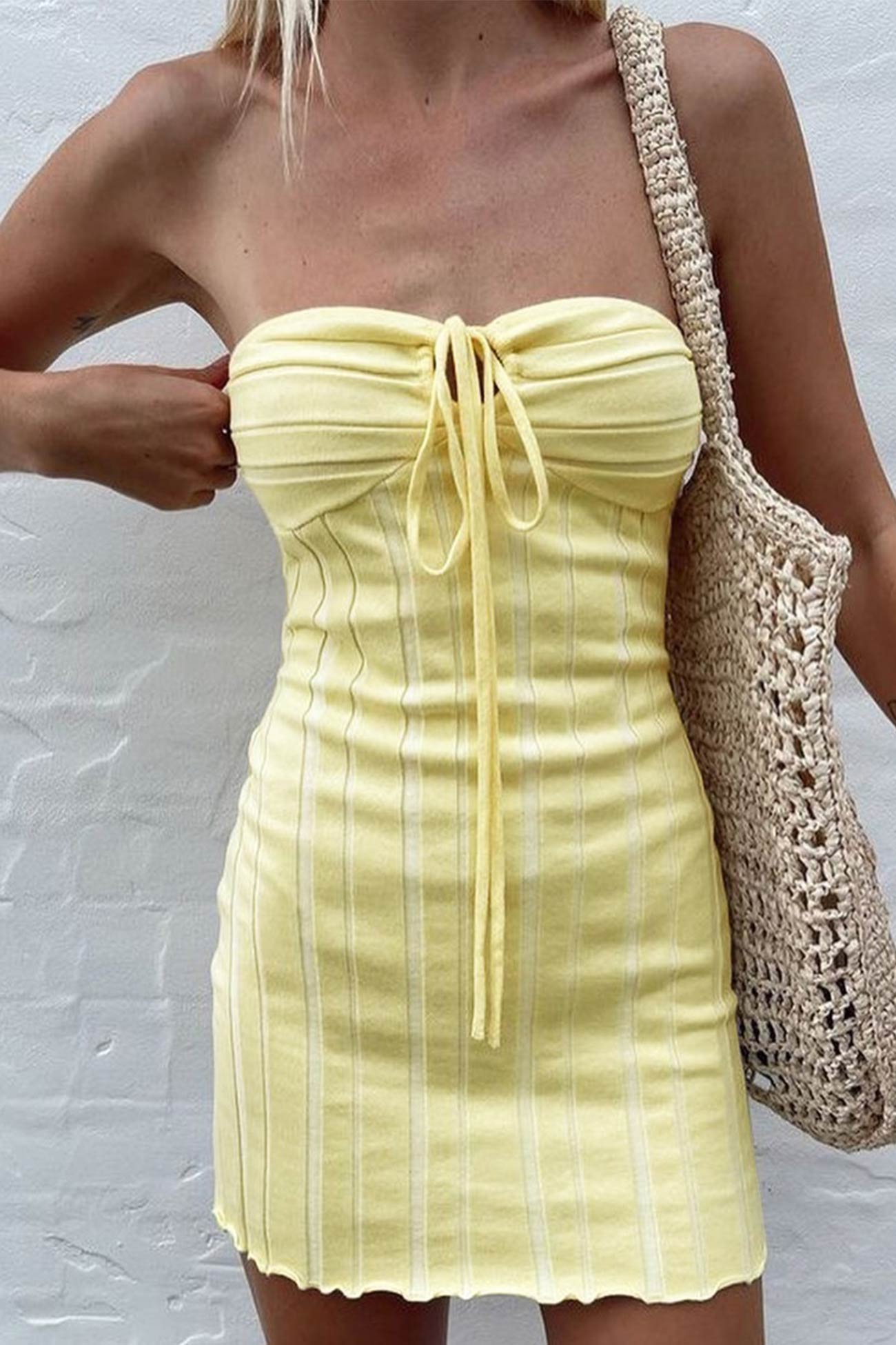 Yellow Strapless Lace Up Knitted Dress