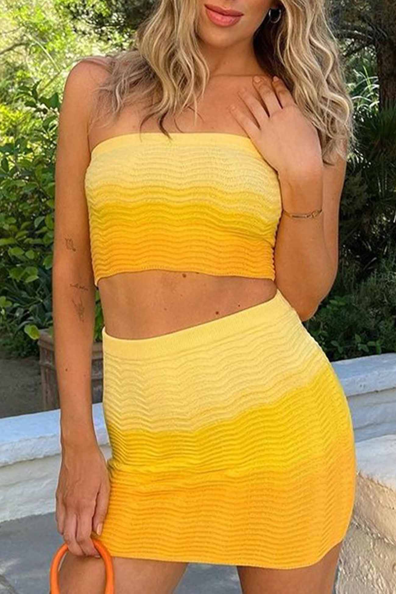 Yellow Gradient Tube Top Skirt Knitted Set