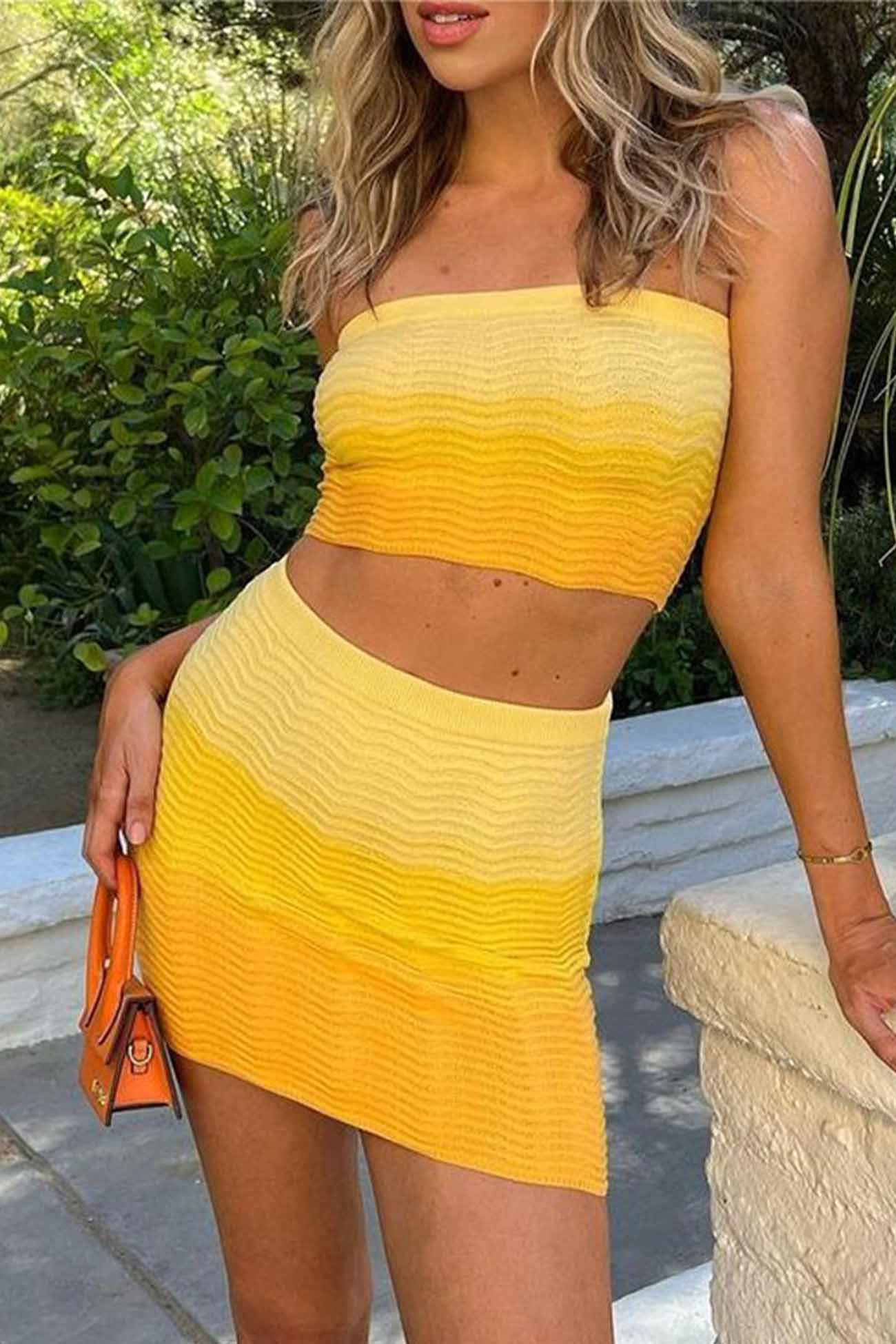 Yellow Gradient Tube Top Skirt Knitted Set