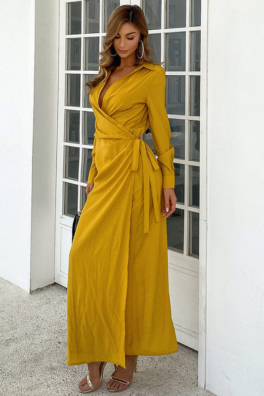 Yellow Long Sleeve V-Neck Evening Party Dress