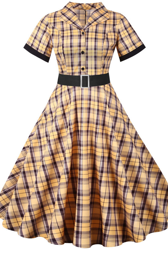 Yellow Midi Plaid Short Sleeve Swing Dress