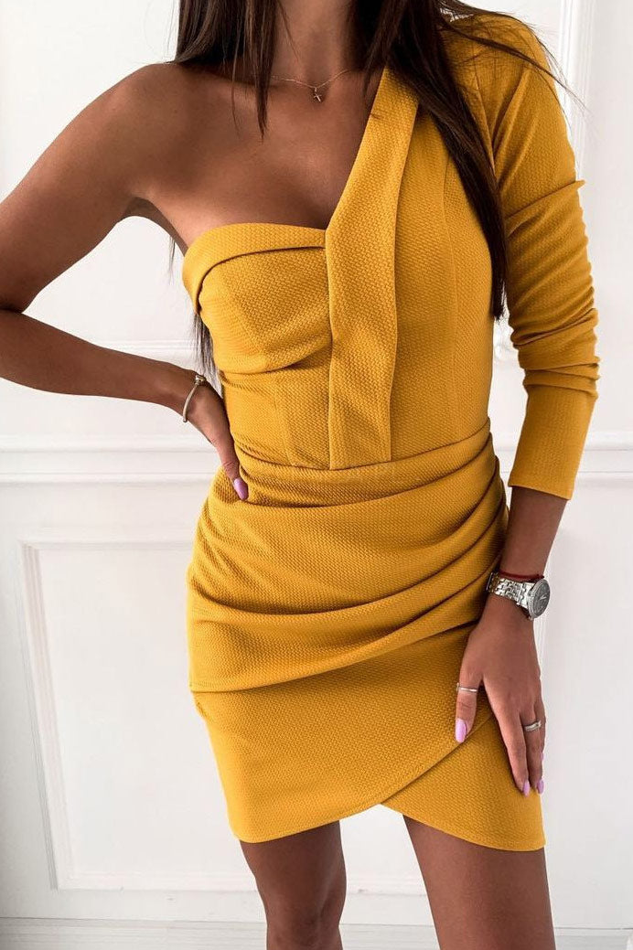 Yellow One Shoulder Short Bodycon Dress - Mislish