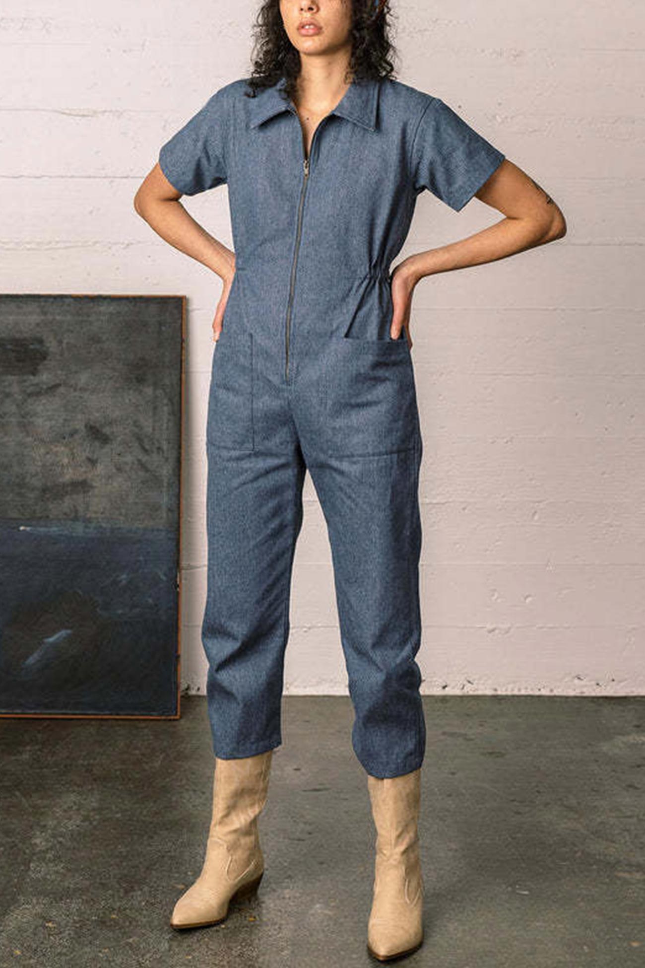 Zip-up Short Sleeve Cotton Linen Jumpsuits