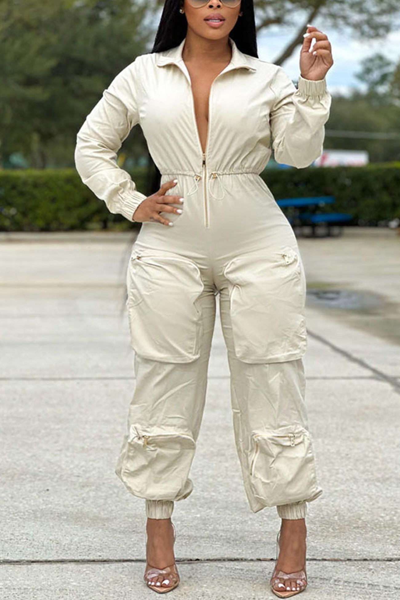 Zip-up Waisted Cargo Jumpsuits