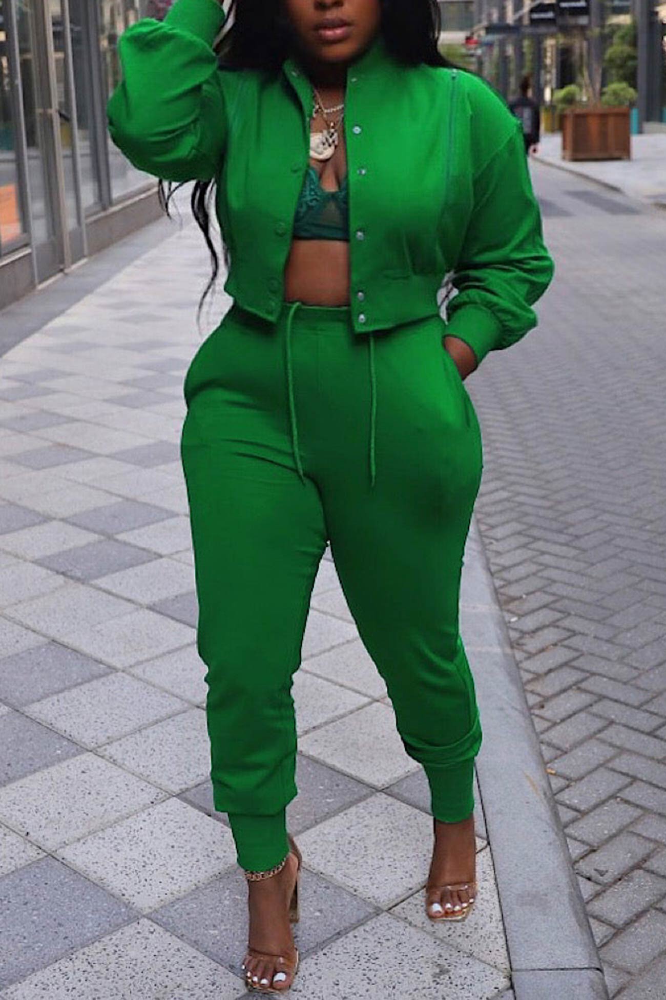 Zipper Cutout Jacket Pants Suits