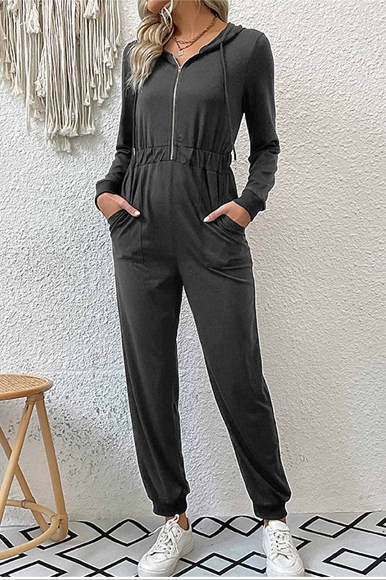 Zipper-Front High Waist Hoodie Jumpsuits