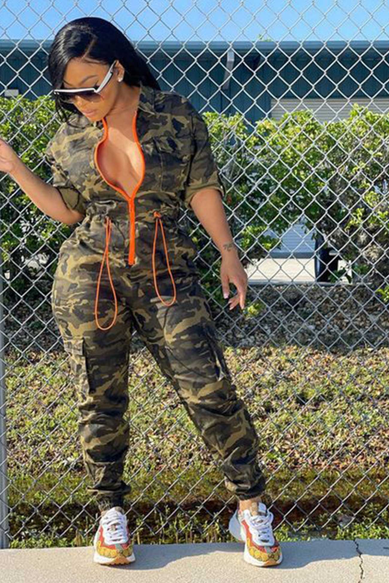 Zipper Waisted Camouflage Jumpsuits