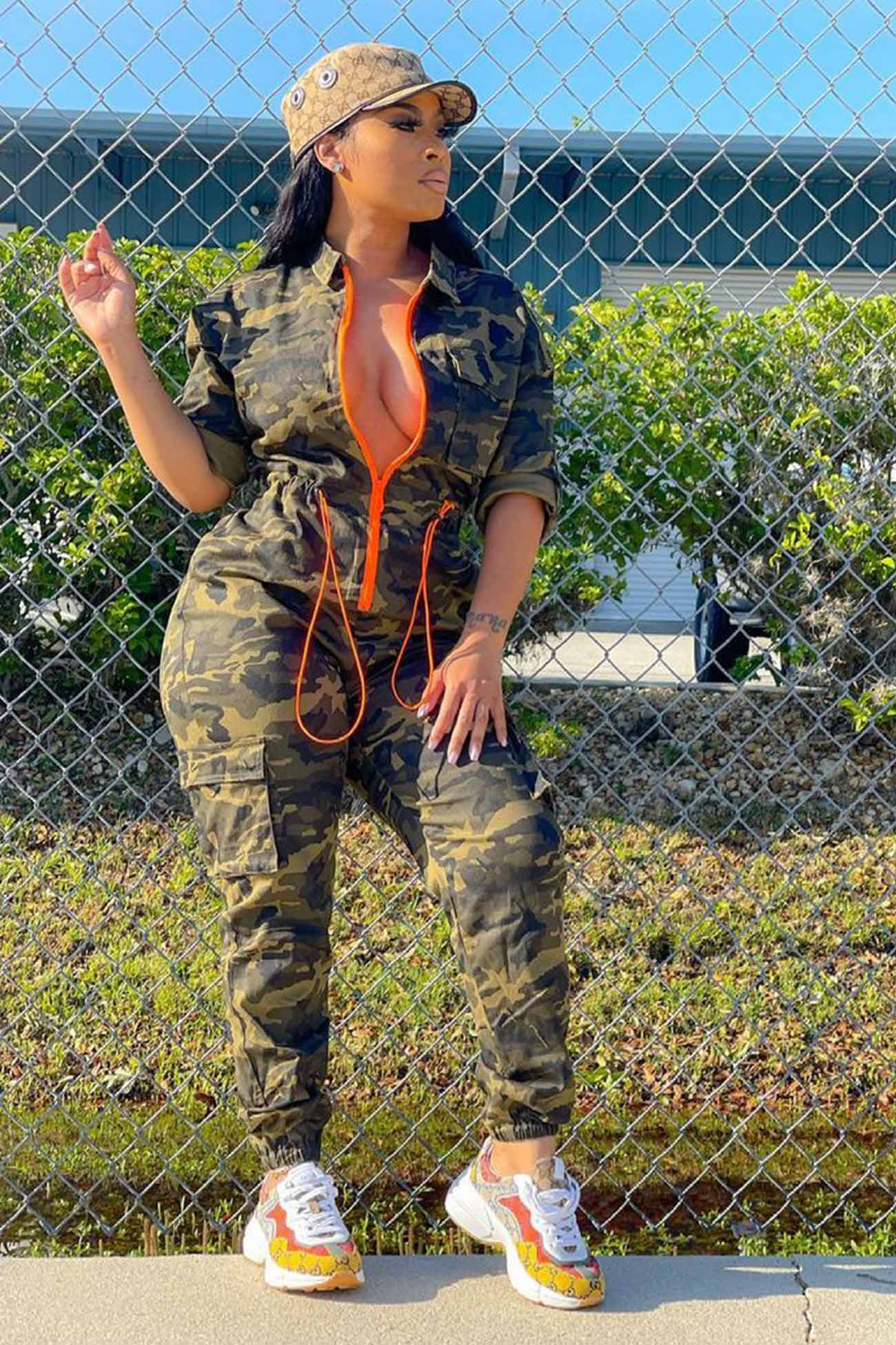 Zipper Waisted Camouflage Jumpsuits