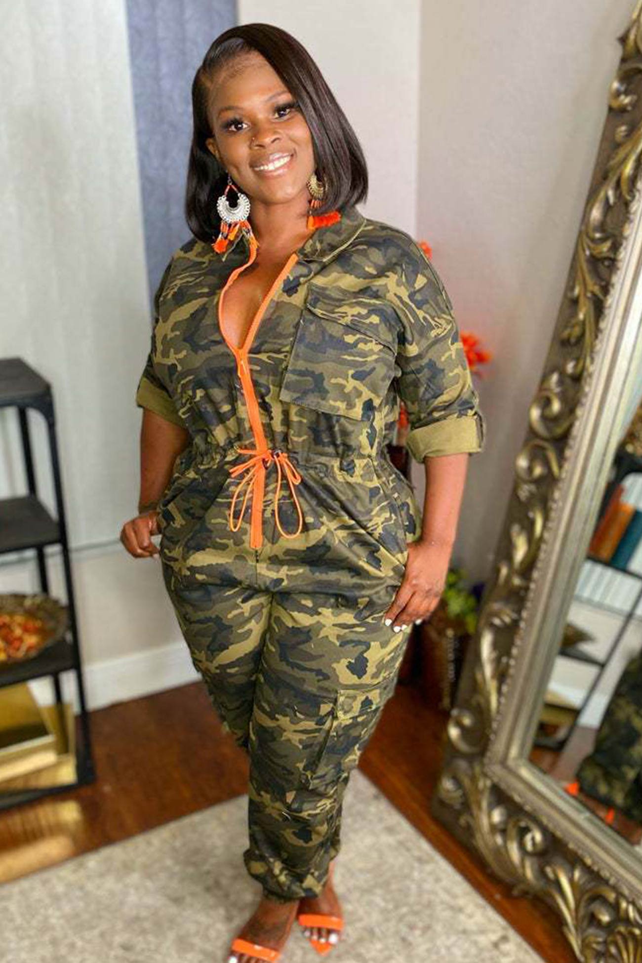 Zipper Waisted Camouflage Jumpsuits