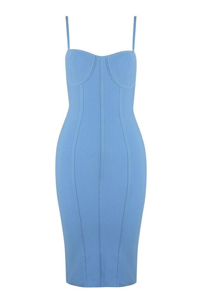 Woman wearing a figure flattering  Abi Bandage Dress - Sky Blue Bodycon Collection