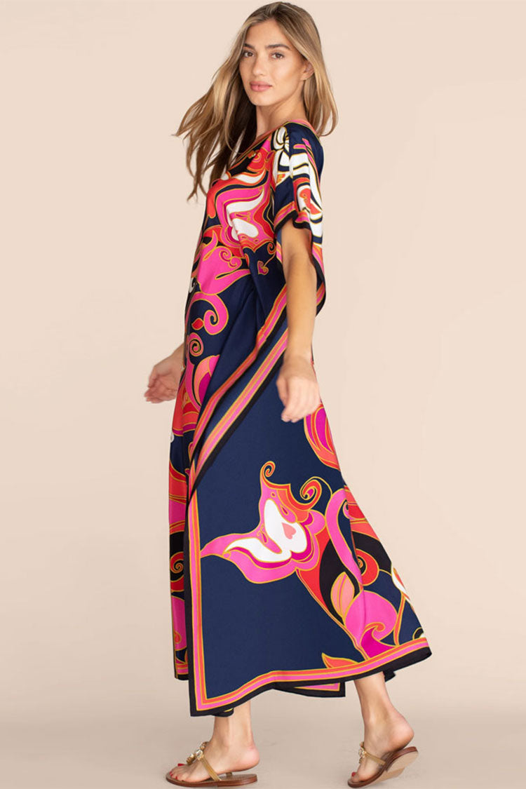 Abstract Print Batwing Sleeve High Slit V Neck Maxi Cover Up