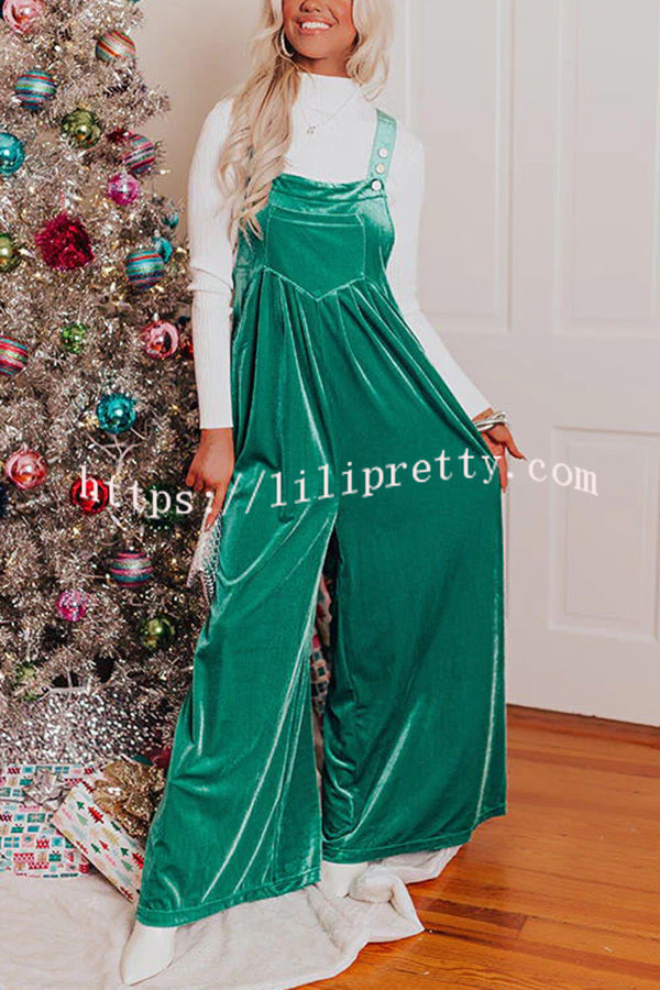 Lilipretty Trendy Style Adorable Velevt Pocketed Wide Leg Jumpsuit