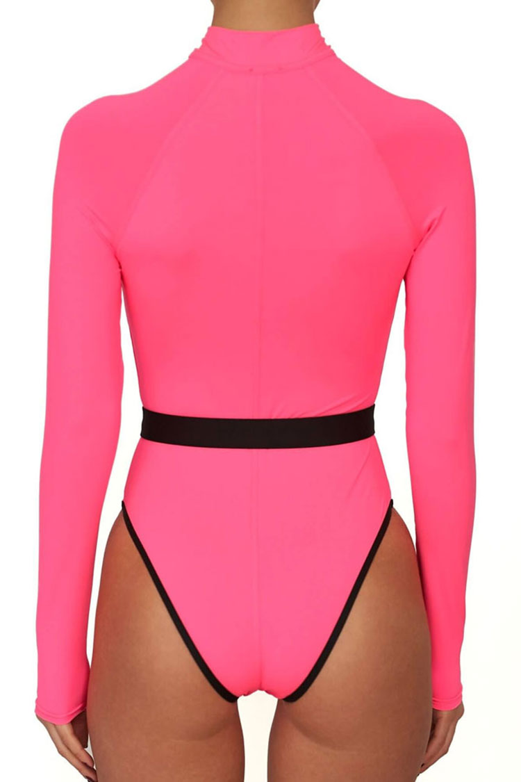 Belted High Cut Long Sleeve Zippered Rash Guard One Piece Swimsuit