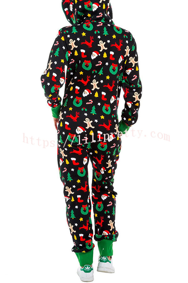 Christmas Print Zipper Pocketed Hooded Loungewear Jumpsuit