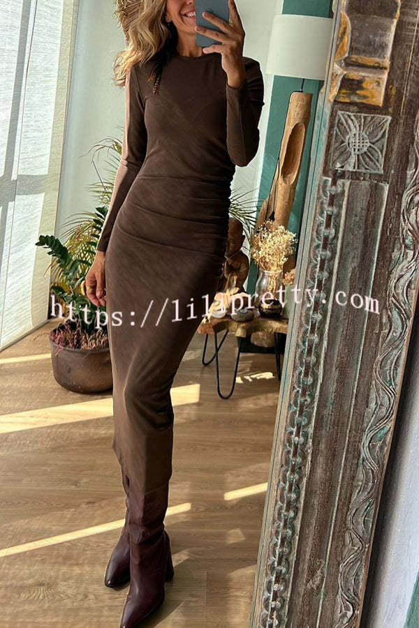 Got Me Smiling Cotton Blend Ruched Long Sleeve Stretch Midi Dress