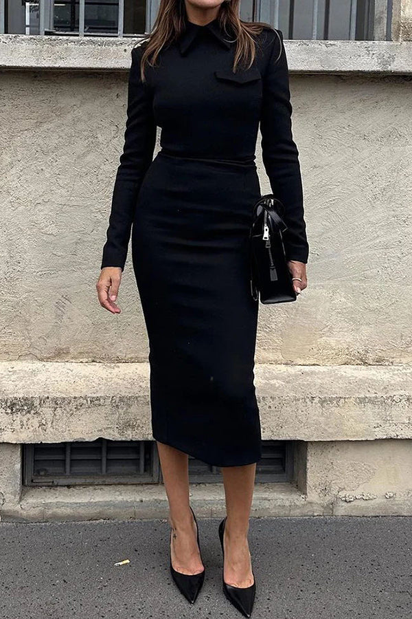 Classic Temperament Turn Down Collar Long Sleeve Formal Midi Dress