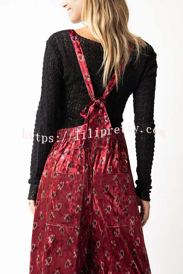 Comfy and Cute Velvet Tie-Back Pocketed Wide Leg Overalls