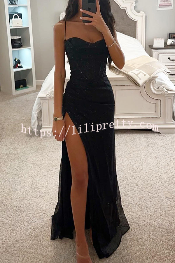 Romantic Occasion Sequin Cowl Neck Corset Slit Maxi Dress