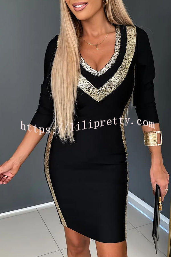 Moon River Gold Patchwork V Neck Long Sleeved Mini Dress