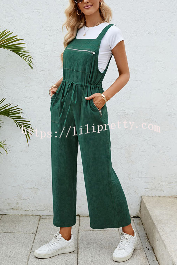 Simple Zippered Pockets Lace-up Pleated Drawstring Jumpsuit