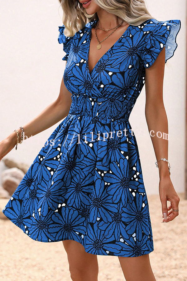 Wonderful Weekend Floral Print Ruffle Sleeve Elastic Waist Mini Dress