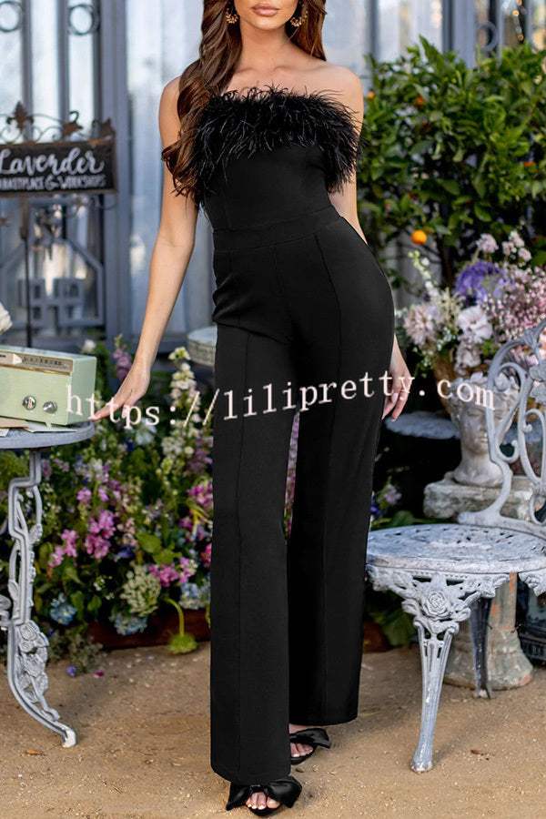 First Class High Rise Feather Stretch Waist Jumpsuit