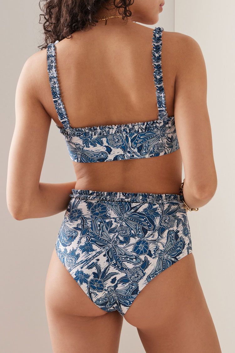 Sexy Ruffle Trim Floral High Waist Bralette Bikini Two Piece Swimsuit