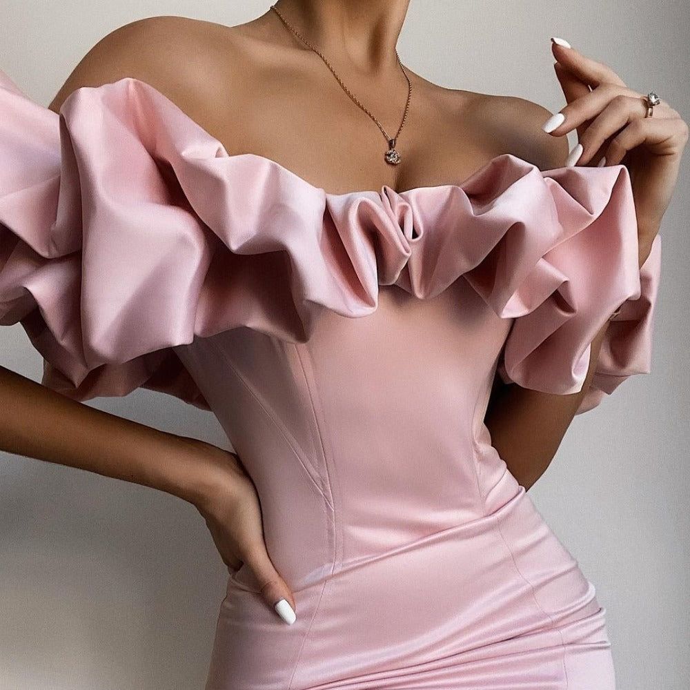 Zari Satin Ruffles Off Shoulder Mini Dress - Dresses - Mermaid Way