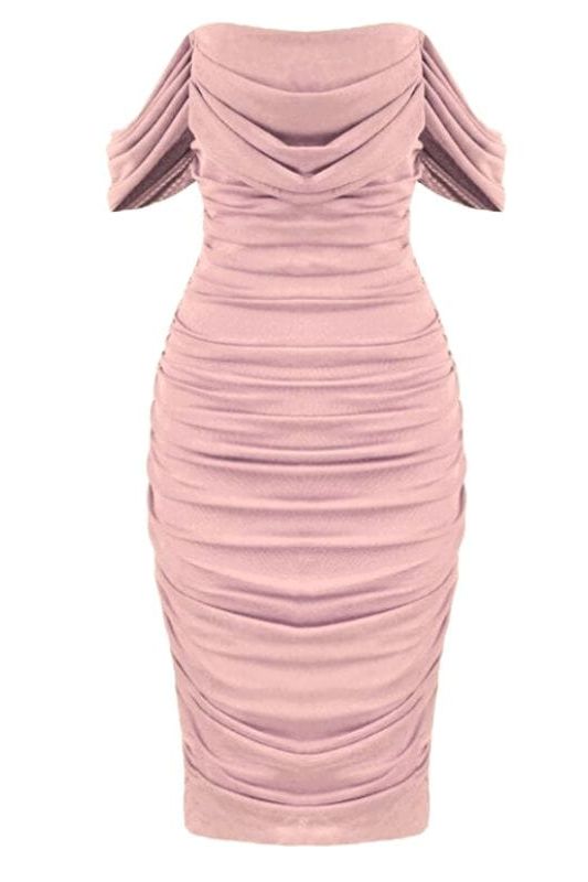 Woman wearing a figure flattering  Zia Bodycon Wrap Midi Dress - Dusty Pink Bodycon Collection