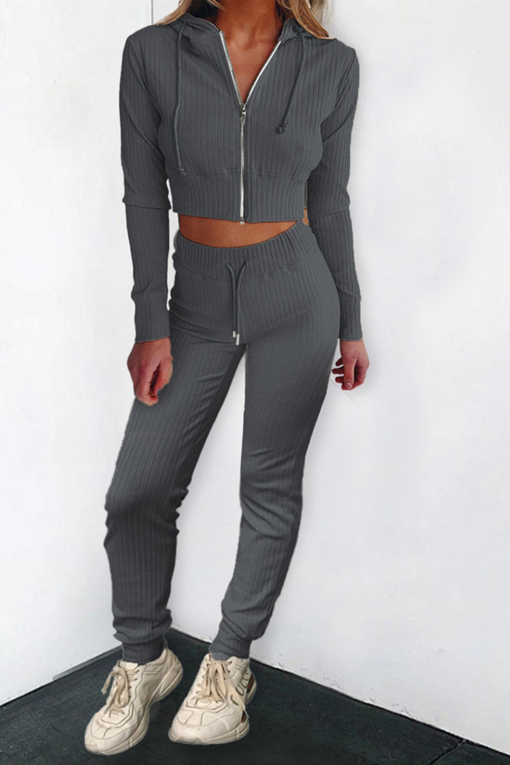 Solid Color Zipper Long Sleeve Jumpsuit