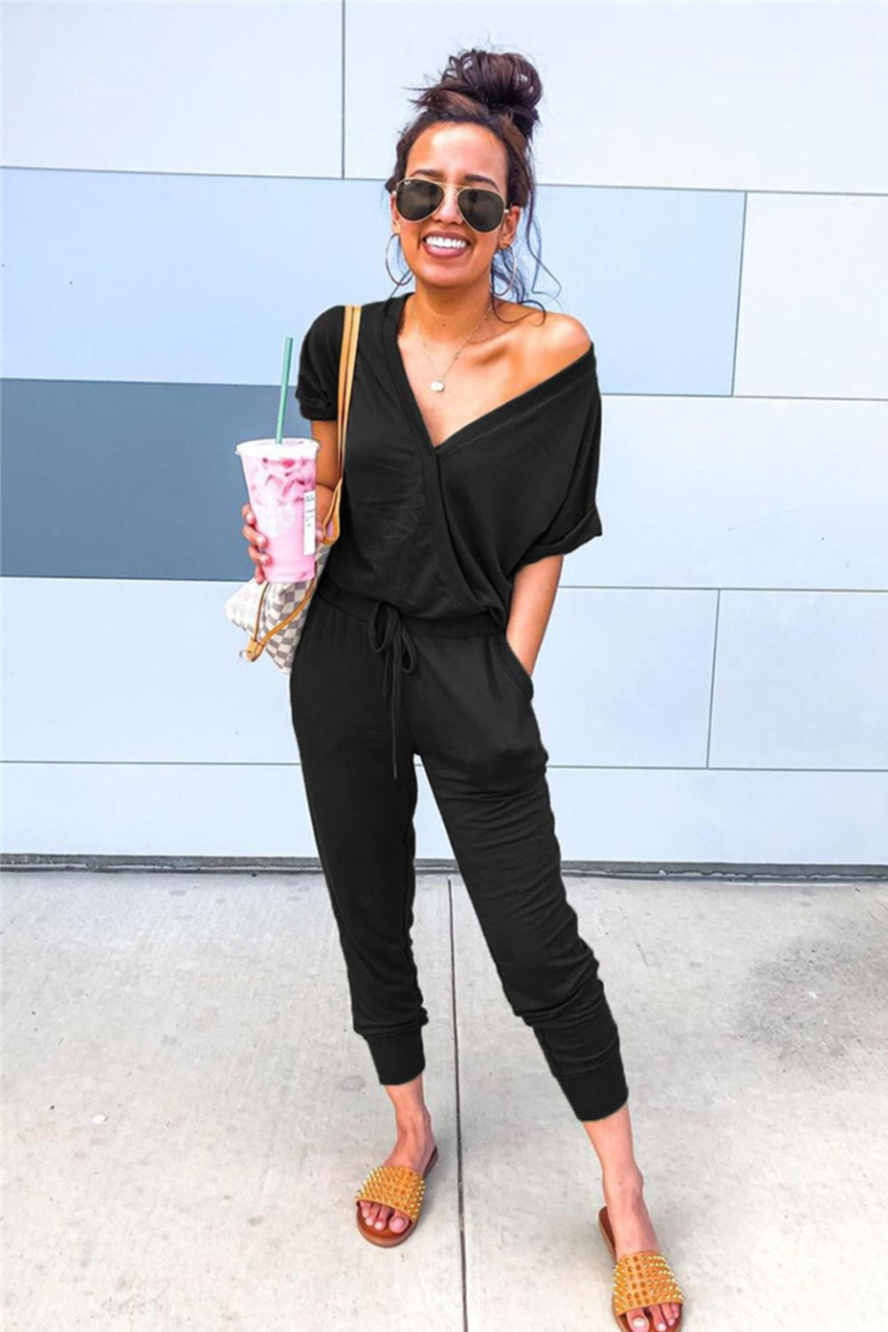 Deep V Solid Color Casual Jumpsuit