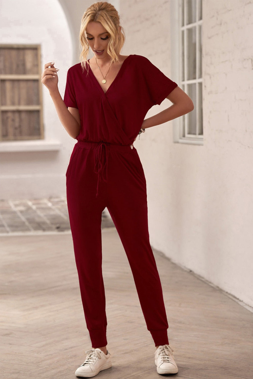 Deep V Solid Color Casual Jumpsuit