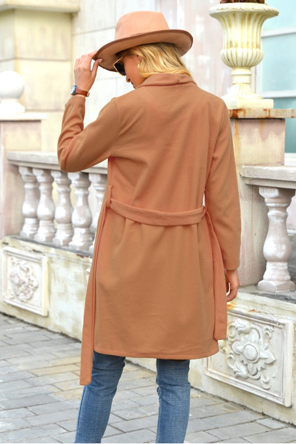 Woolen Lapel Tie Long Coat