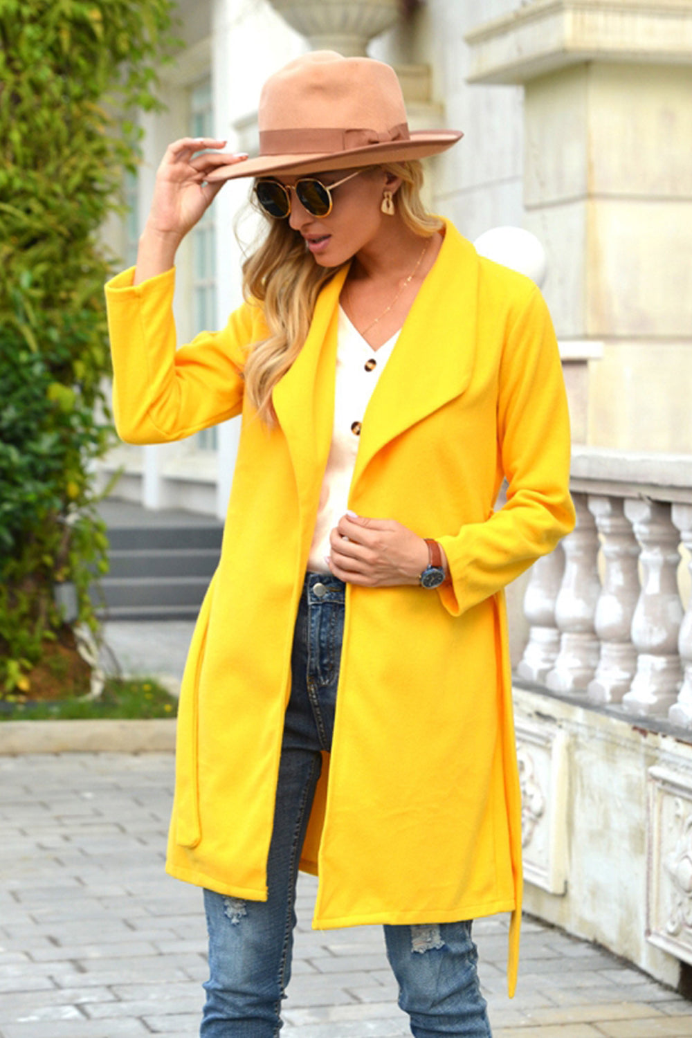 Woolen Lapel Tie Long Coat