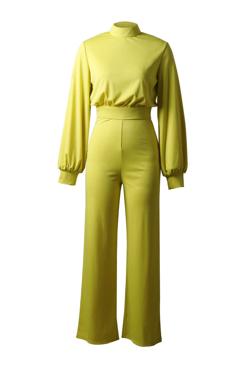 Solid Color Turtleneck Backless Long Sleeve Jumpsuit