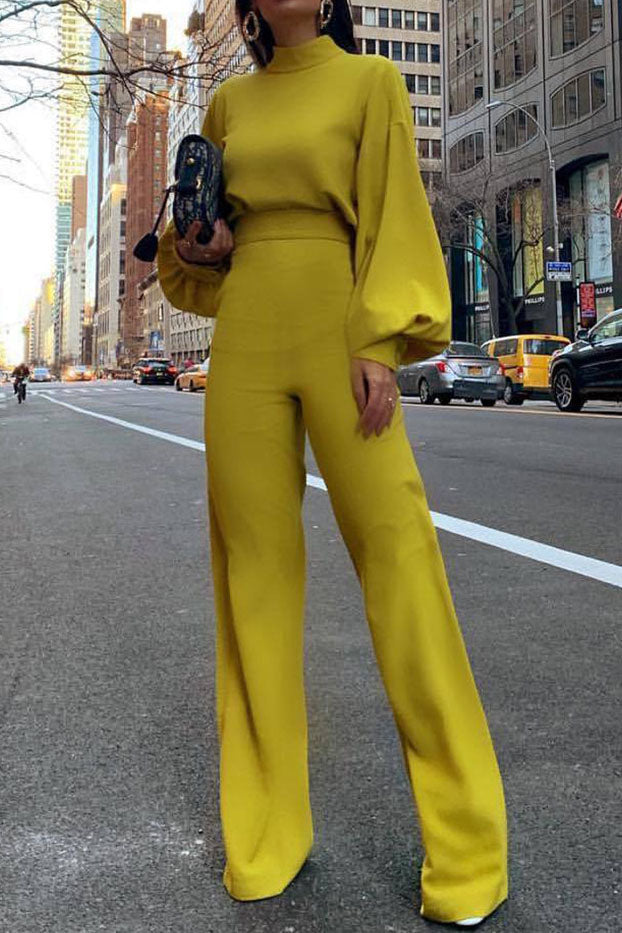 Solid Color Turtleneck Backless Long Sleeve Jumpsuit