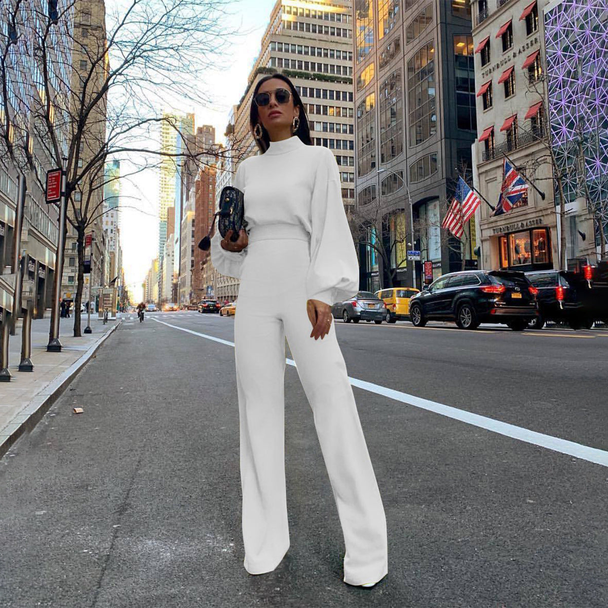 Solid Color Turtleneck Backless Long Sleeve Jumpsuit