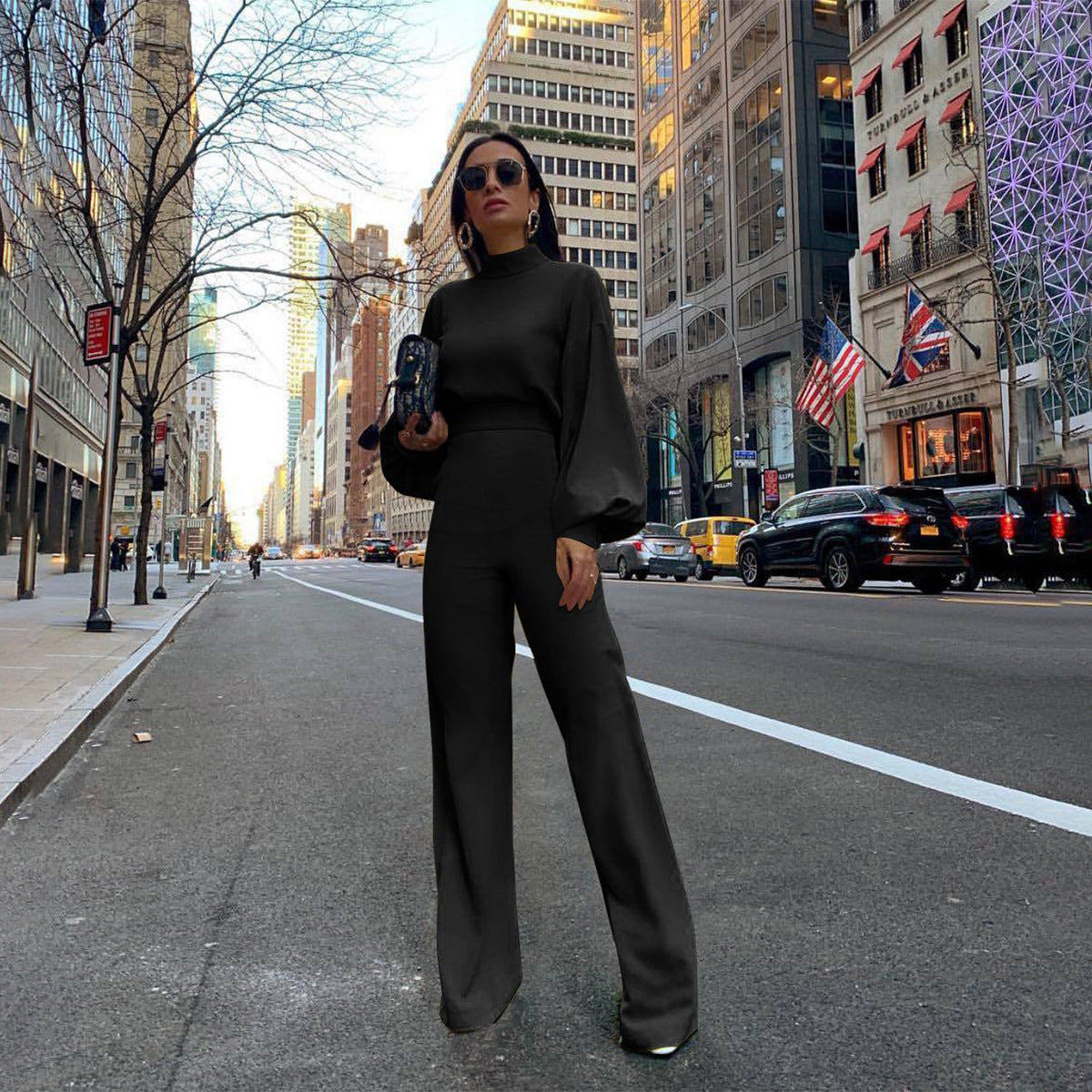 Solid Color Turtleneck Backless Long Sleeve Jumpsuit