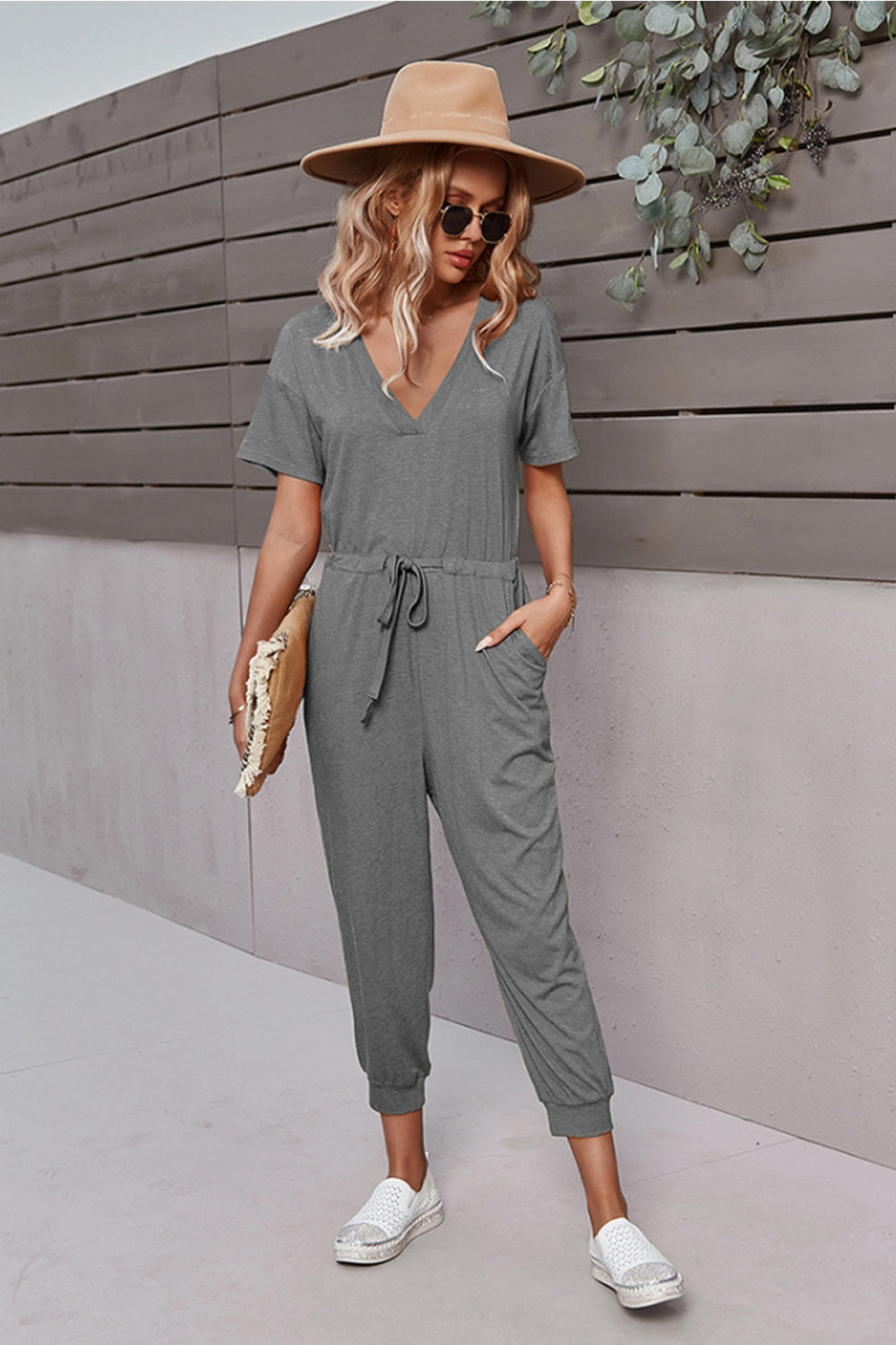 Solid Color V-Neck Jumpsuit