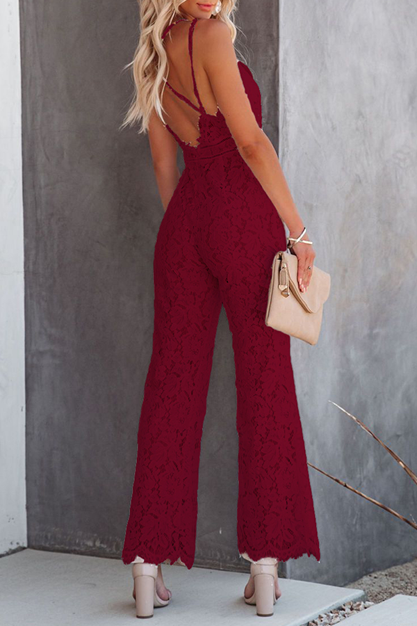 Solid Split Joint Backless V Neck Straight Jumpsuits