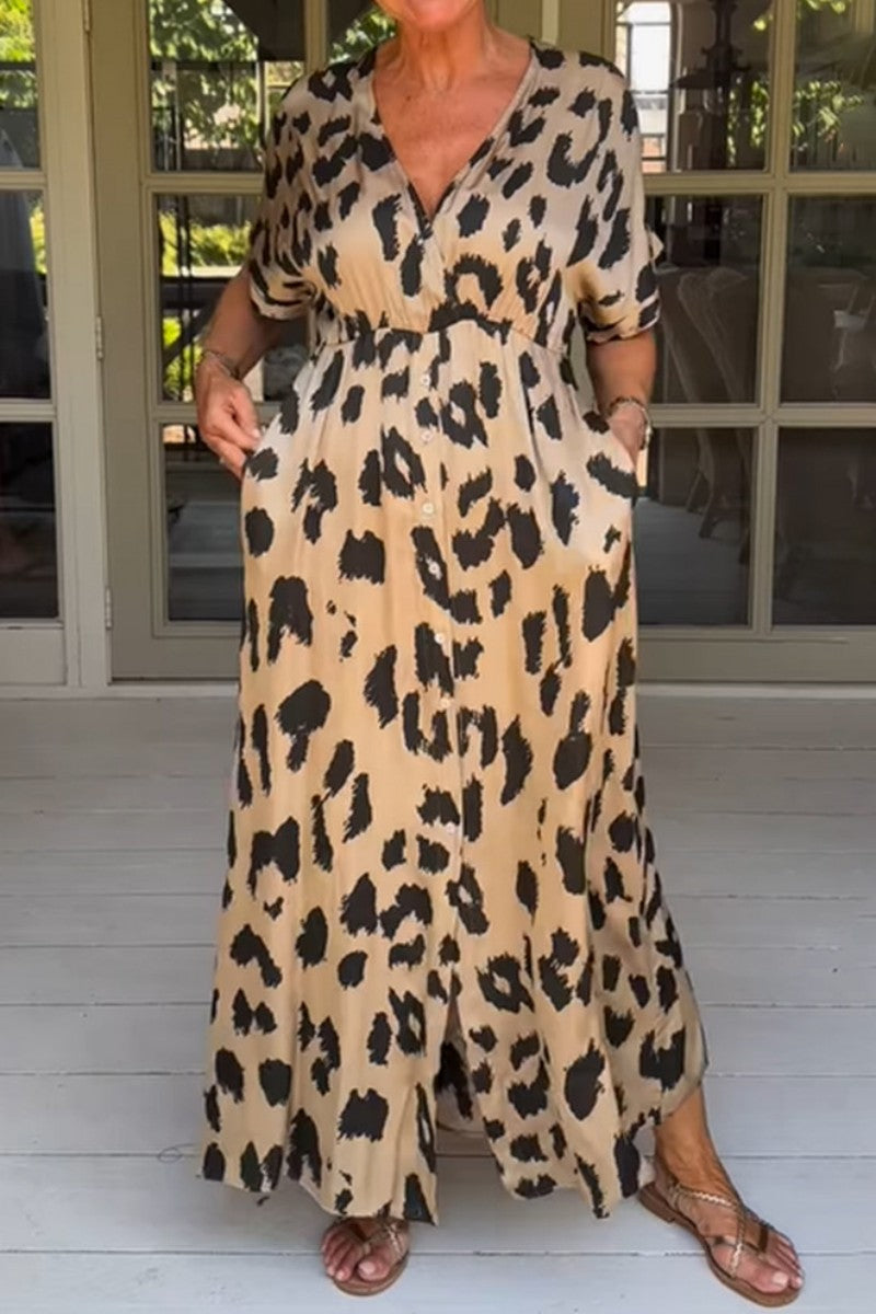 Casual Print Leopard Patchwork V Neck Long Dress Dresses