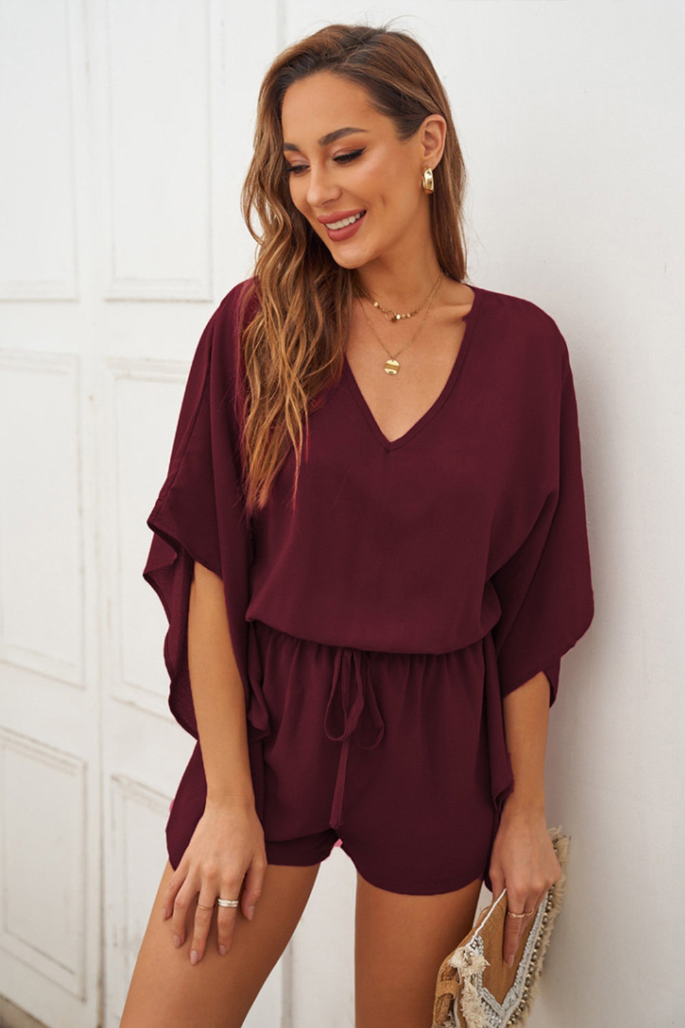 V-Neck High Waist Tie Romper