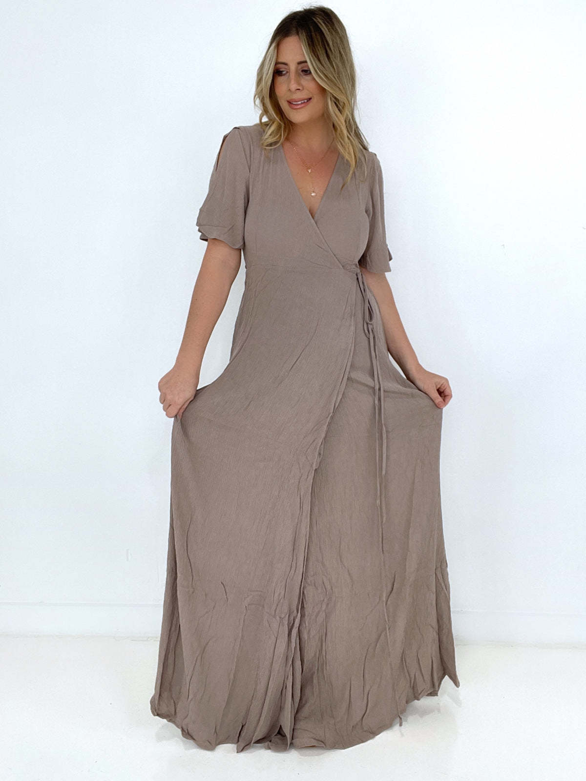 Zenana Woven Crinkle Gauze Wrap Tie Side Maxi Dress