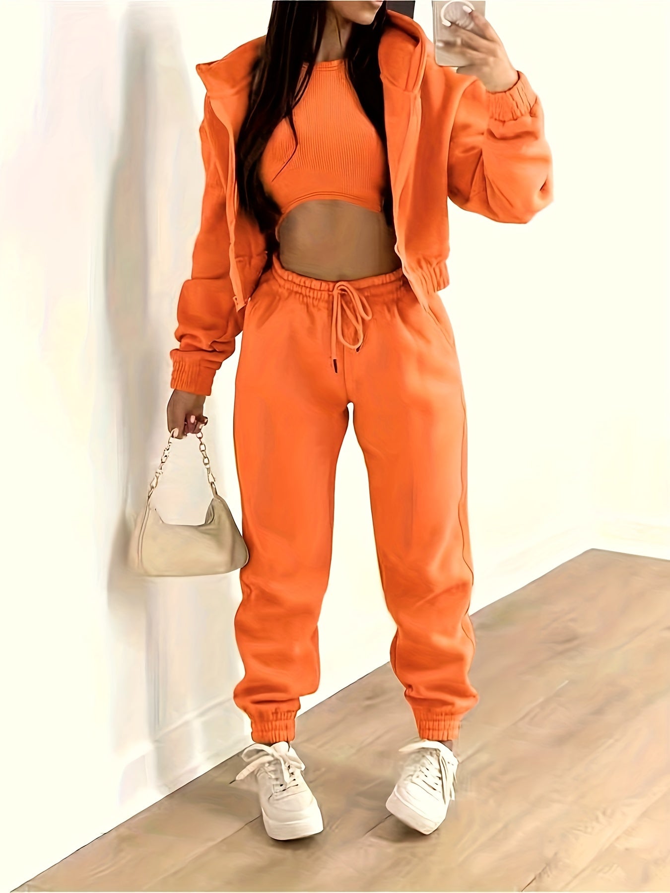 Zip Up Hooded Jacket & Tank Top & Jogger Pants Three-piece Set Outfits