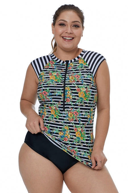 Cap Sleeve Floral and Striped Rash Guard Swim Top