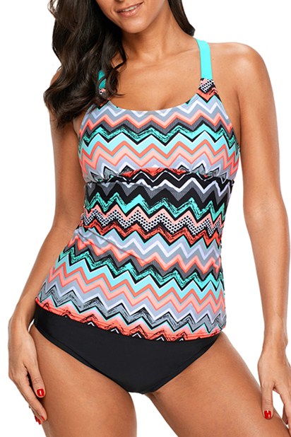 Coral Blue Zigzag Print Y Back Tankini Swim Top