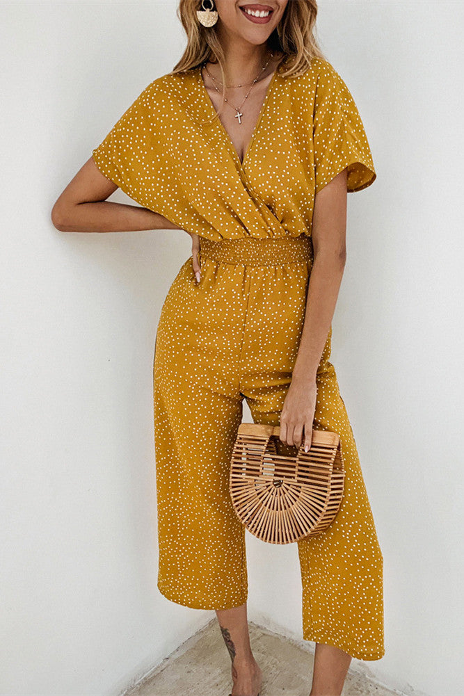 V Neck Wide Leg Polka Dot Jumpsuit