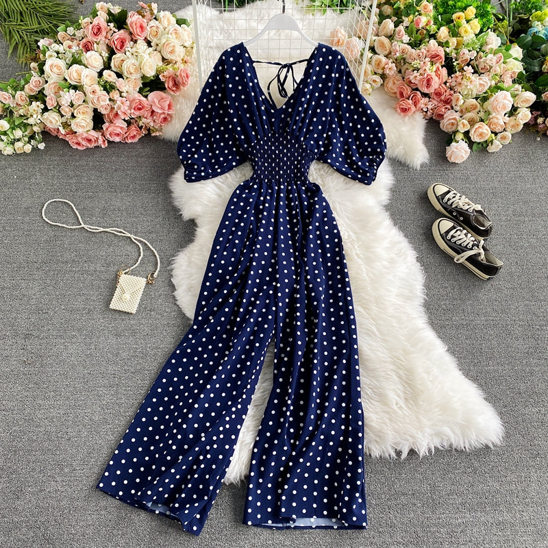 Polka Dot Puff Short Sleeve High Waist Jumpsuit