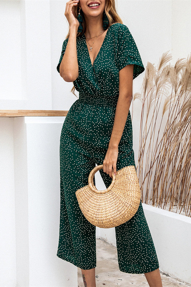 V Neck Wide Leg Polka Dot Jumpsuit